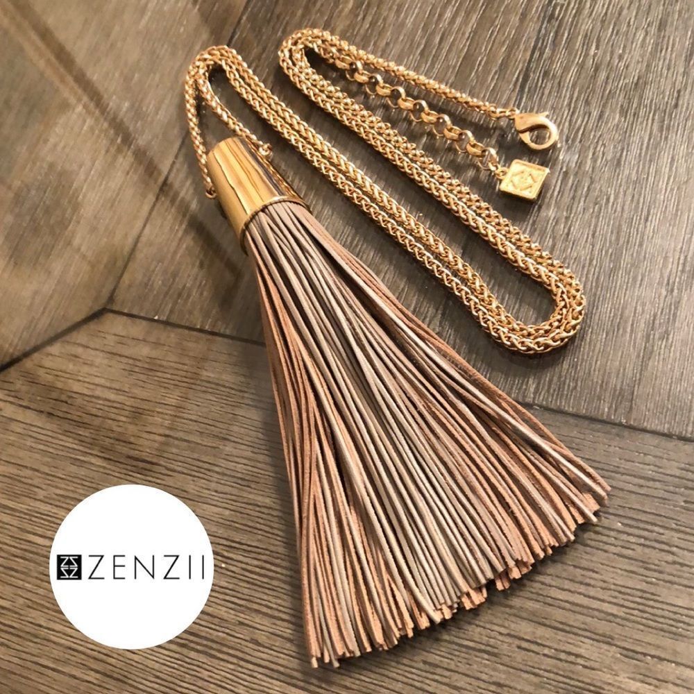 Zenii Goldtone Necklace with Large Faux Leather Tassel
